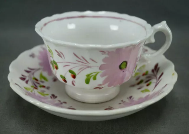 Antique English Hand Enamelled Pink Luster Floral Tea Cup & Saucer C.1830-1840