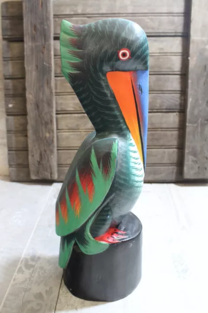 14” Green Feather Pelican Carved Wood Birds Wall Art Patio Home Island Decor