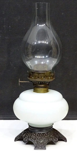 STUNNING! 1870's Antique MILK GLASS Cast Iron Foot VICTORIAN Kerosene OIL LAMP