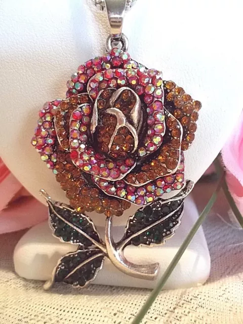 Betsey Johnson Mixed Rose,Copper Crystal Full Bloom Rose Pendant/Brooch Necklace