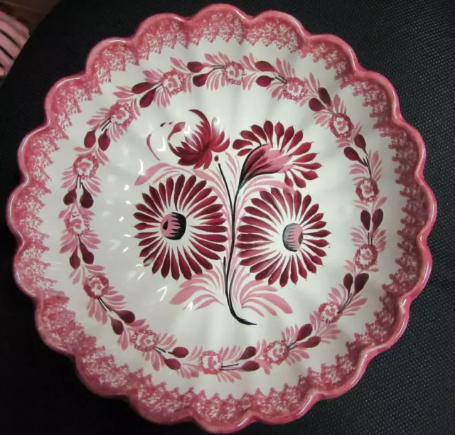 QUIMPER  10" SCALLOPED MAROON - PINK  SERVING BOWL with LARGE FLOWERS     VGC