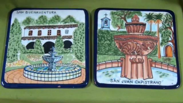 Set Of 2  Vintage Spain Pottery Hand Painted Majolica Art Tiles  Wall Plaques