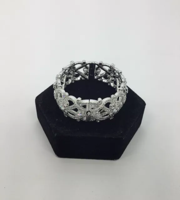 Nadri Silvertone Crystal Pave Hinged Bangle Bracelet