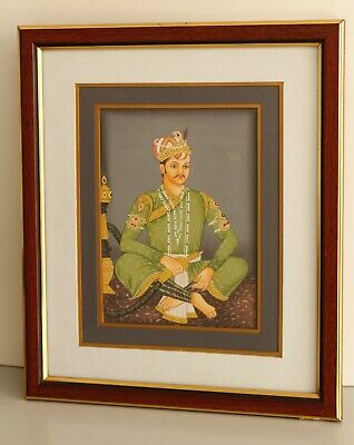 Miniature Portrait De Moghol Empereur Akbar - Peinture Sur Soie Avec Encadré