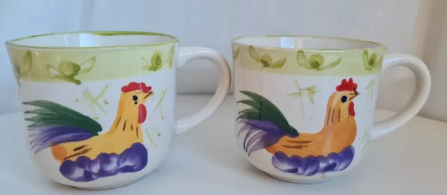A Pair of SCOTTS OF STOW Chicken Cups mugs hand painted Rooster Cockerell Hen