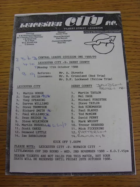 17/10/1988 Leicester City Reserves v Derby County Reserves [Small Single Sheet]