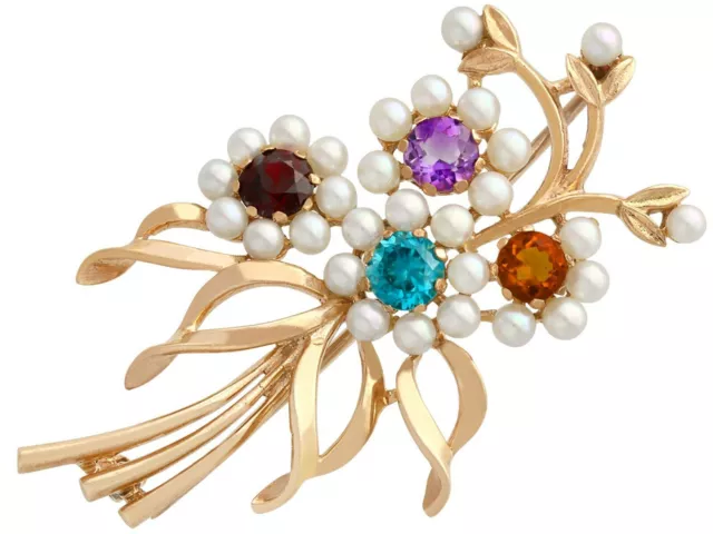 1.28 ct Multi-Gemstone and Pearls 9 ct Yellow Gold Brooch Antique Circa 1920