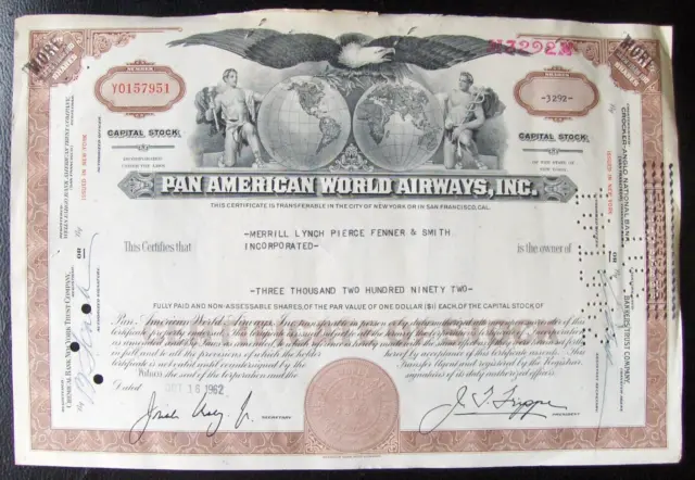 Pan American World Airways stock certificate Broker Merrill Lynch several attach