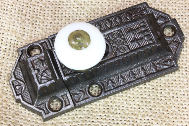 Old Cabinet Latch Cupboard Catch White Porcelain Knob Windsor Vintage Iron 3 1/4