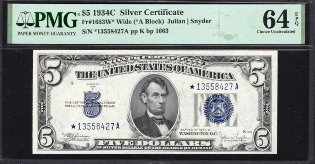 $5 1934C Silver STAR Fr. 1653W* Wide PMG 64 EPQ Serial *13558427A (A Block)