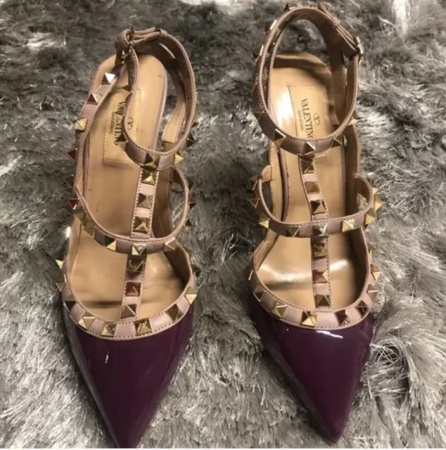 Valentino Rockstud Purple/Lavender Patent Leather Ankle Pump Strap Heels 37 1/2