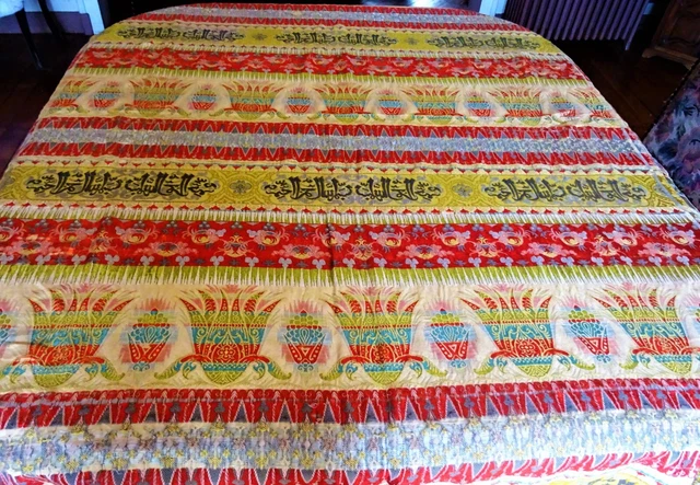Tapis de table frangé en soie d'Alger XIXe - 235 cm x 165 cm