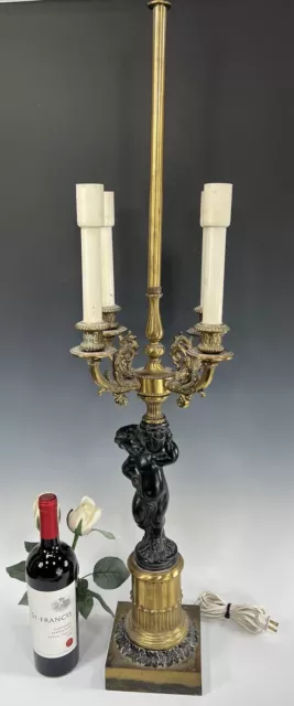 Antique French Figural Cherub/Putti Bronze & Metal Candelabrum Electrified Lamp