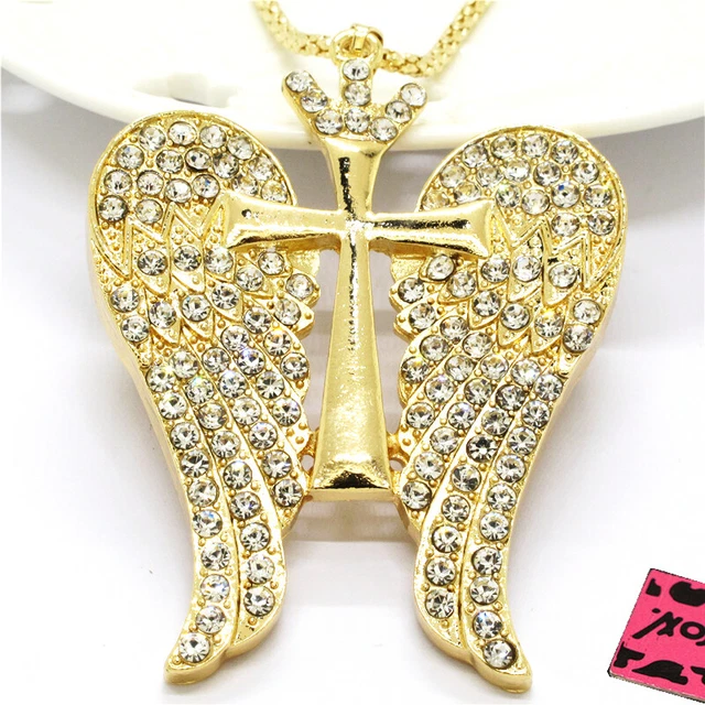 Hot White Cute Crown Wings Cross Crystal Pendant Fashion Women Chain Necklace