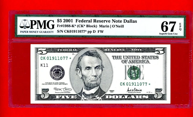 2001 $5 Star Note   Pmg 67 Epq Superb Gem Unc Fr 1988-K Ser.# Ck 01911077 *