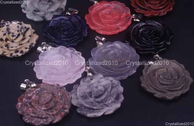 Natural Gemstones Carved Rose Flowers Reiki Chakra Healing Pendant Jewelry Beads