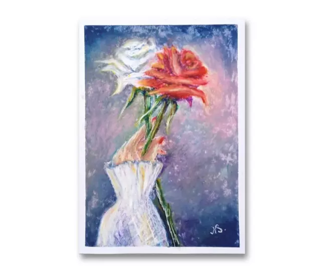 Original Painting White and Red Roses in Hand Flowers Wall Art Oil Pastel