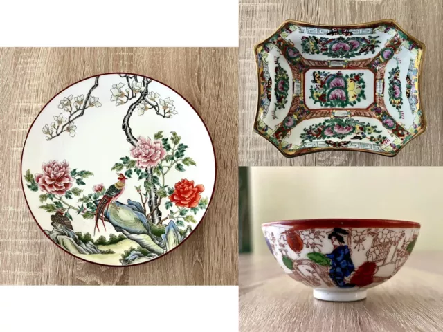 C.20th Porcelain Chinese Qing Style Plate + Octagon Dish + Japanese Bowl Lot