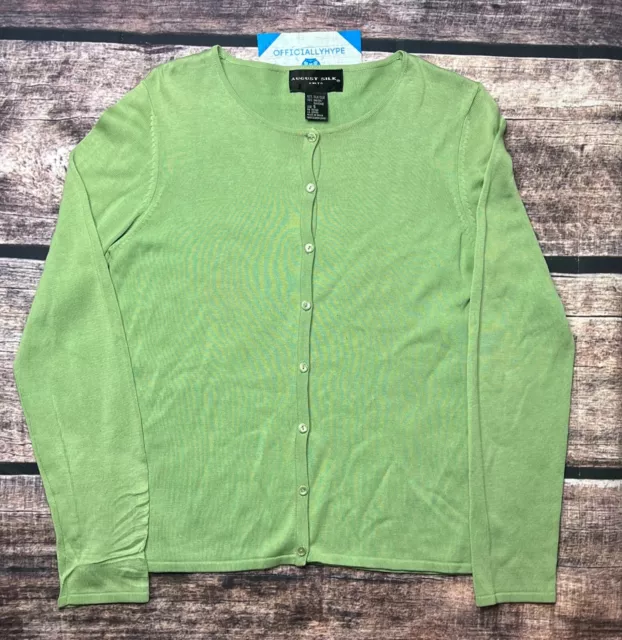 August Silk Long Sleeve Button Up Cardigan Womens Size Small Green Silk Blend