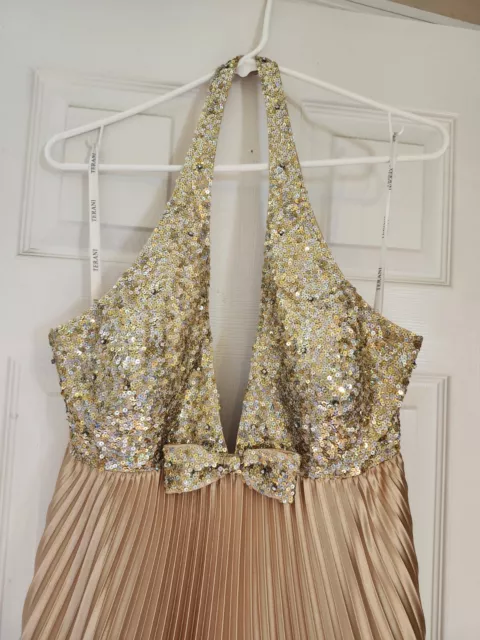 TERANI COUTURE Gold Sequined Gown Size 14 Full Length Halter 2