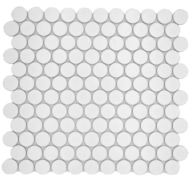 Azulejos de mosaico de cerámica botón Loop Penny redondo liso blanco mate suelo de ducha | 10 alfombras