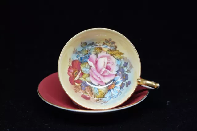 Aynsley Cabbage Rose  Gold Tea Cup & Saucer Signed AJ Bailey