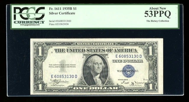 $1 1935-B Silver Vinson ED Block Fr. 1611 PCGS 53 PPQ Serial E60853130D