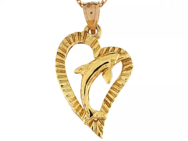 10k or 14k Real Yellow Gold 2.62cm Sweet Dolphin Heart Charm Pendant