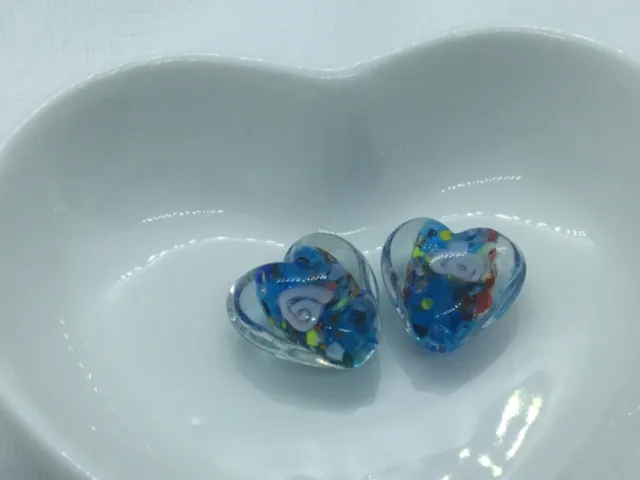2 handmade glass lampwork beads, translucent, aqua blue, coloured inner 16mm