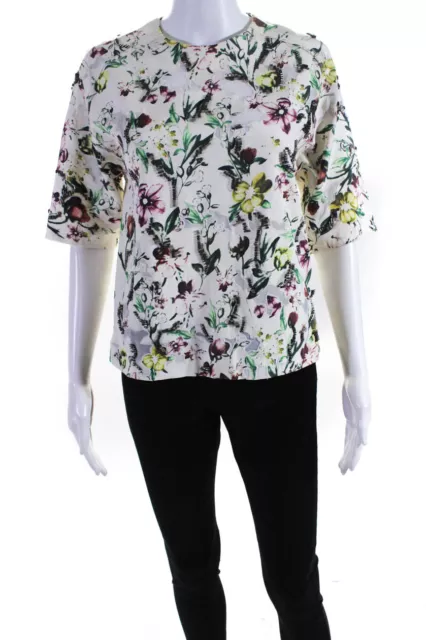 3.1 Phillip Lim Womens Scoop Neck Floral Beaded Silk Blouse Top Beige Size 0