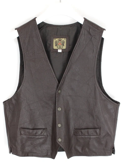 A. B.A Gilet Uomo XL Pelle Stringere Schiena Scollo A V Brown Spacco Lati Tasche
