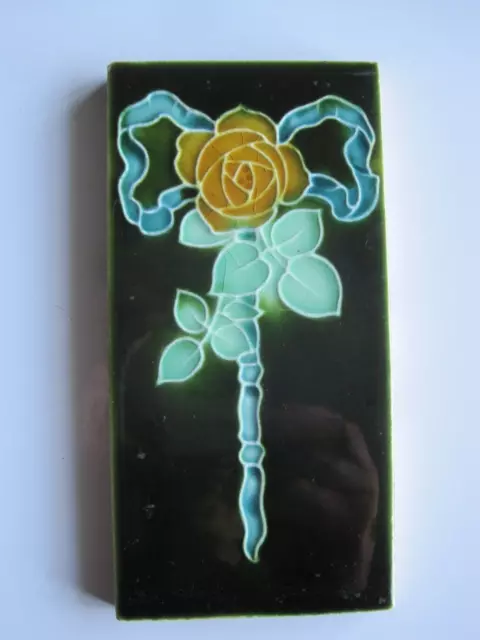 Antique 6" X 3"  Art Nouveau Tile  - Moulded Yellow Rose - Lea & Boulton C1896