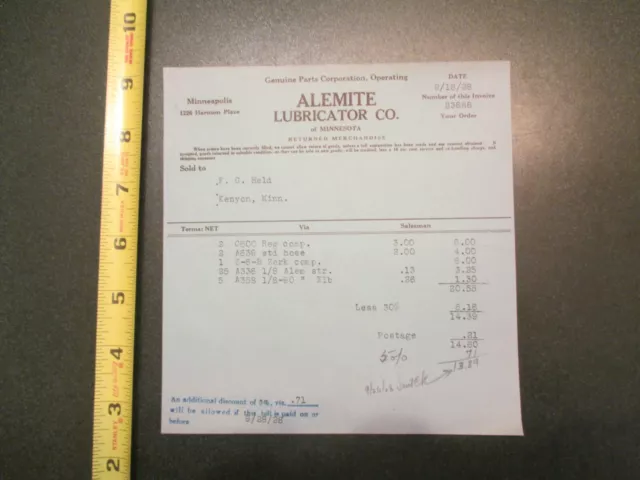 Alemite Lubricator Co of Minnesota MN 1928 Invoice Letterhead 725