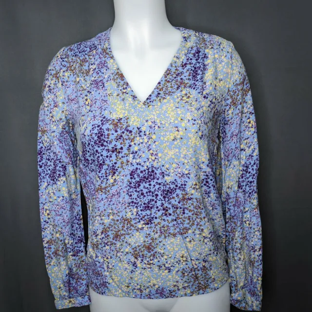 Hinge Womens Top Shirt XXS Blue Floral Long Sleeve Knit Shirred Back