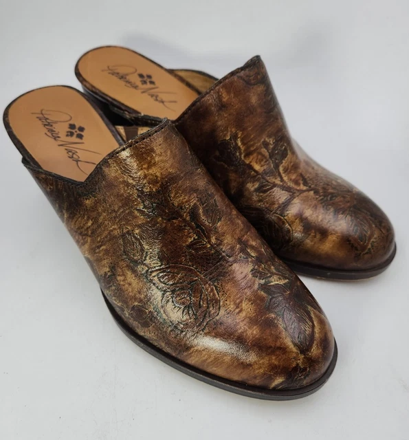 PATRICIA NASH NICIA Blue Tooled Leather Mule Shoes Size 8 1 2