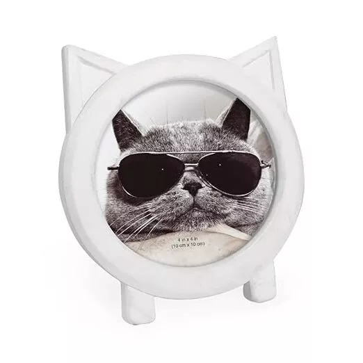 Isaac Jacobs Round Resin Sentiment Cat Picture Frame with Ears, Photo 4x4 White