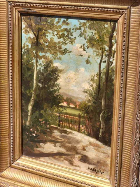 Tableau signée BLANQUER Paysage  Sous Bois Vue Village Peinture huile sur toile.