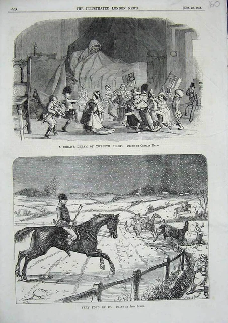 Old Antique Print Man Hunting Horses Snow Winter 1854 Little Girl Bed Toy 19th