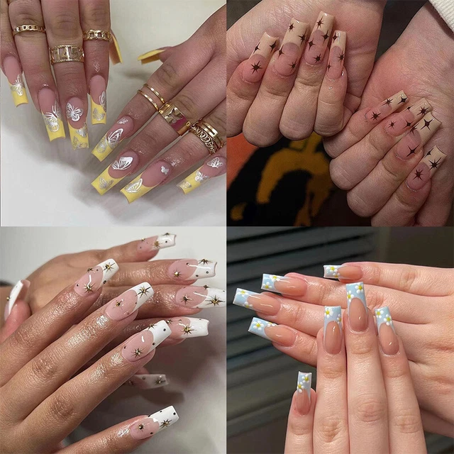 24 PIEZAS Extensión artificial de uñas cuadrada larga de uñas falsas 3D prensada francesa sobre uñas