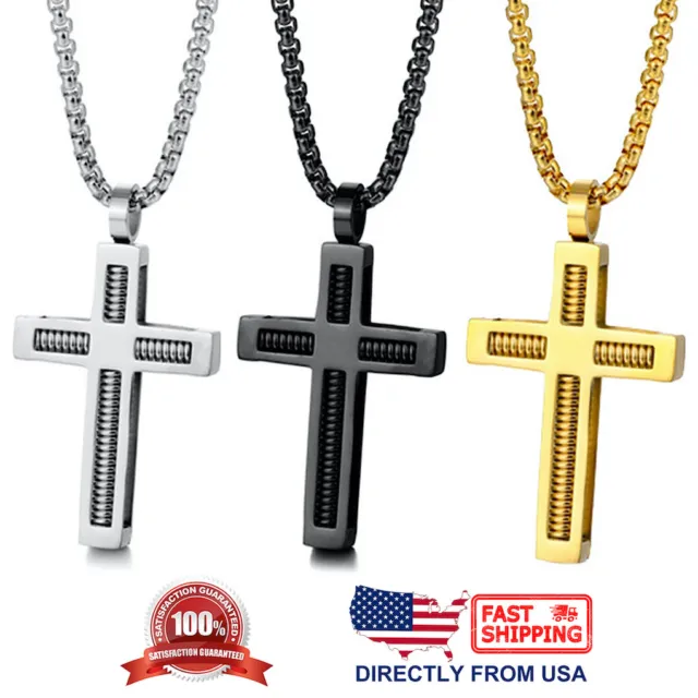 Men's Stainless Steel Spring Inlay Cross Pendant Necklace