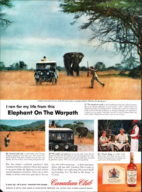 1958 Canadian Club Whiskey Alcohol Vintage Print Ad Elephant African Safari USA