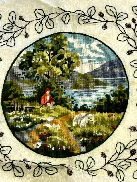 Finished Cross Stitch Nature Hike Mountain Lake Embroidered Art For Framing 16"