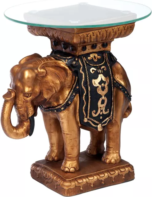 Maharajah Elephant Indian Decor Glass Topped Side Table, 8 Inches Wide, 18 Inche