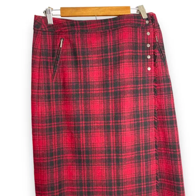 Womans LL Bean Vintage Wool Blend Wrap Skirt 8 Red Plaid Maxi Length Tartan Kilt 2