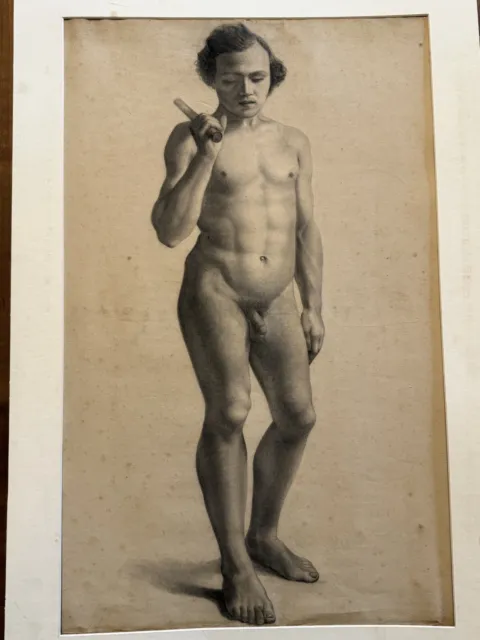 Étude de Nu Masculin du 19 Eme Siècle & Académie & Beaux Arts & Homme & Dessin