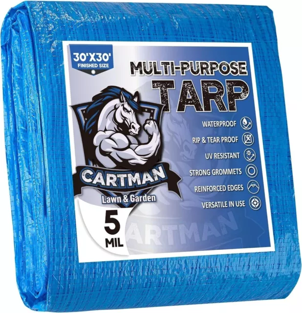 Cartman 30'x30' Feet Blue Poly Tarp 5 Mil Thick, Multipurpose Cover, Single pack