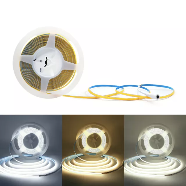 2m 5m 10m 24V COB Warm Neutral Cool White LED Strip Light 384leds/m 5mm Adapter