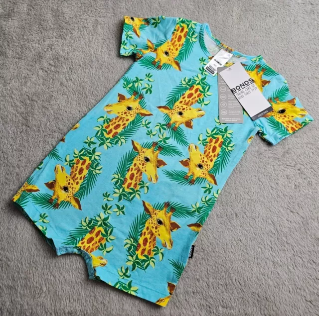 Bonds Baby Light Blue Green George Giraffe Stretchies Button Romper BNWT Size 2