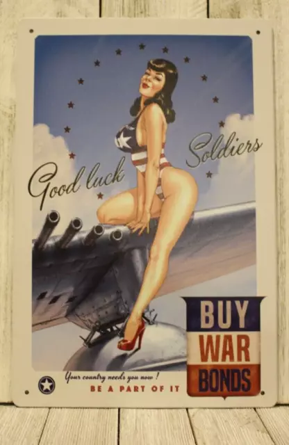 Sexy Pinup Girl Poster Tin Metal Sign Buy War Bonds USAF Vintage Ad Air Force XZ