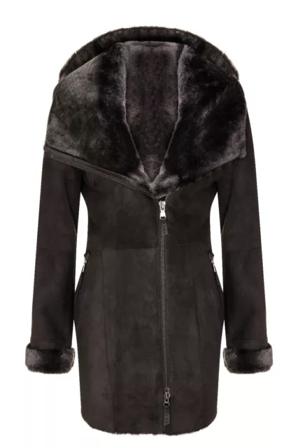 Ladies Brown Hooded Suede Shearling Sheepskin Coat Genuine Spanish Merino Coat
